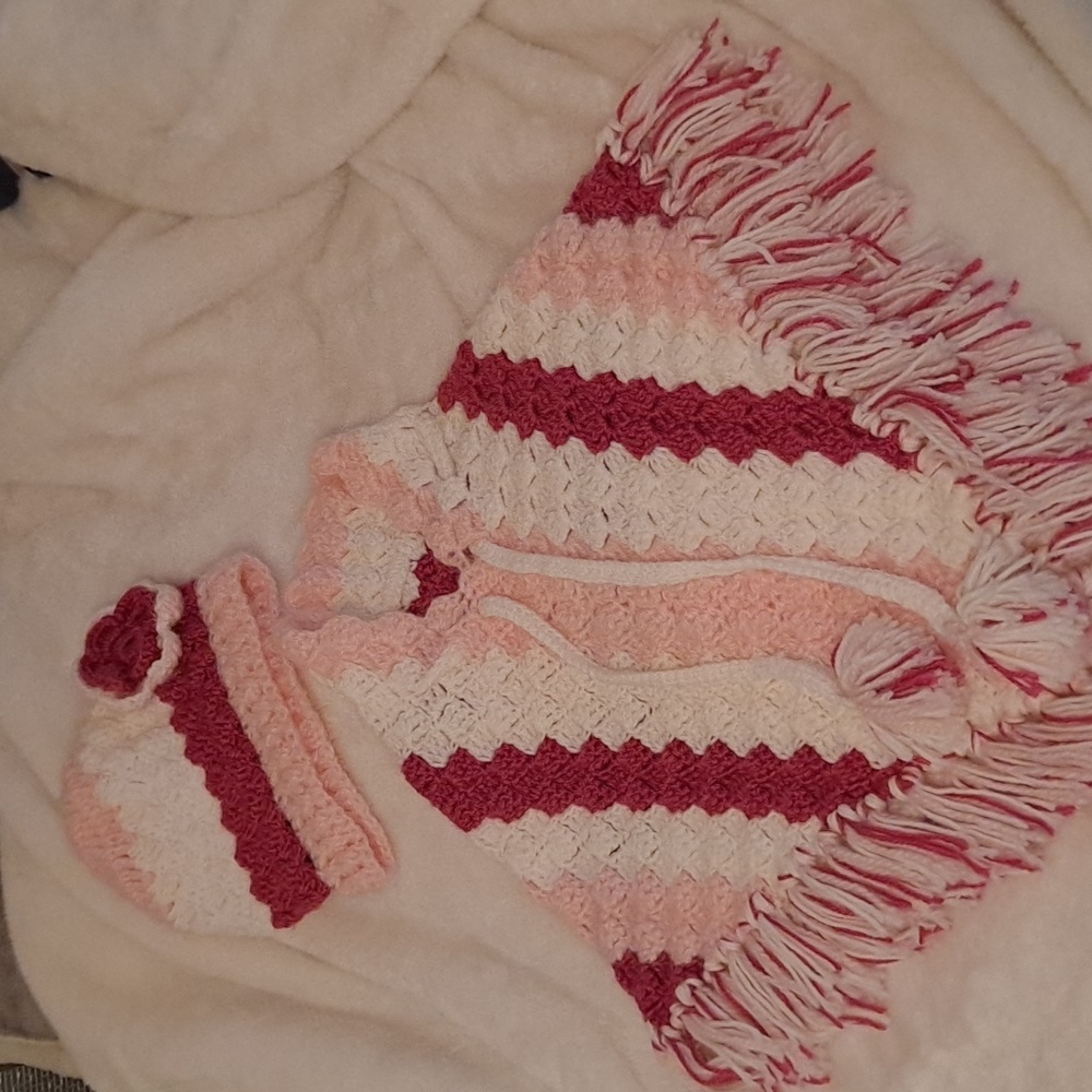 Handmade Crocheted Pocho for Girls With Matching Hat